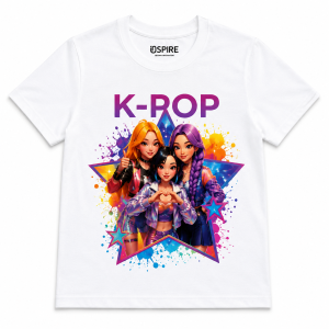 Girls White Kpop Printed Crew Neck Tshirt